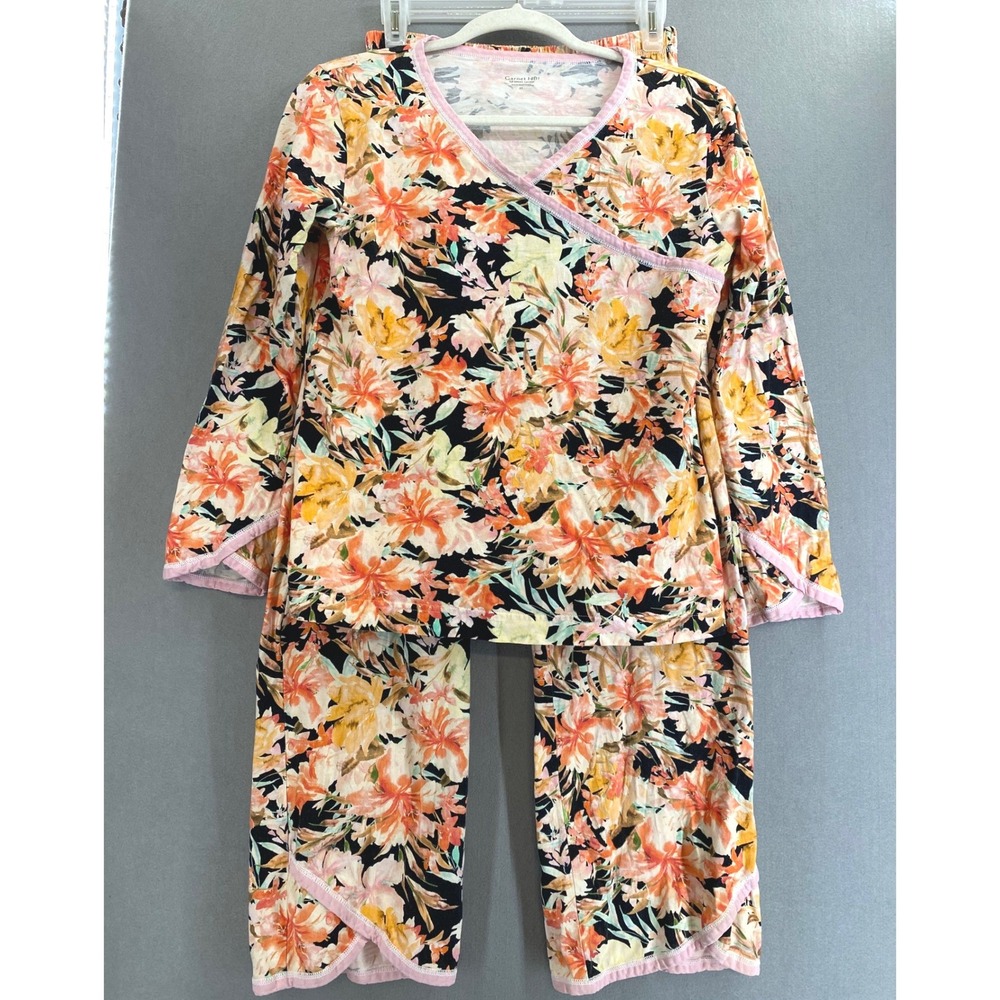 Garnet Hill 100% Cotton Pajama Set XS Floral Faux Wrap Top & Pants Loungewear